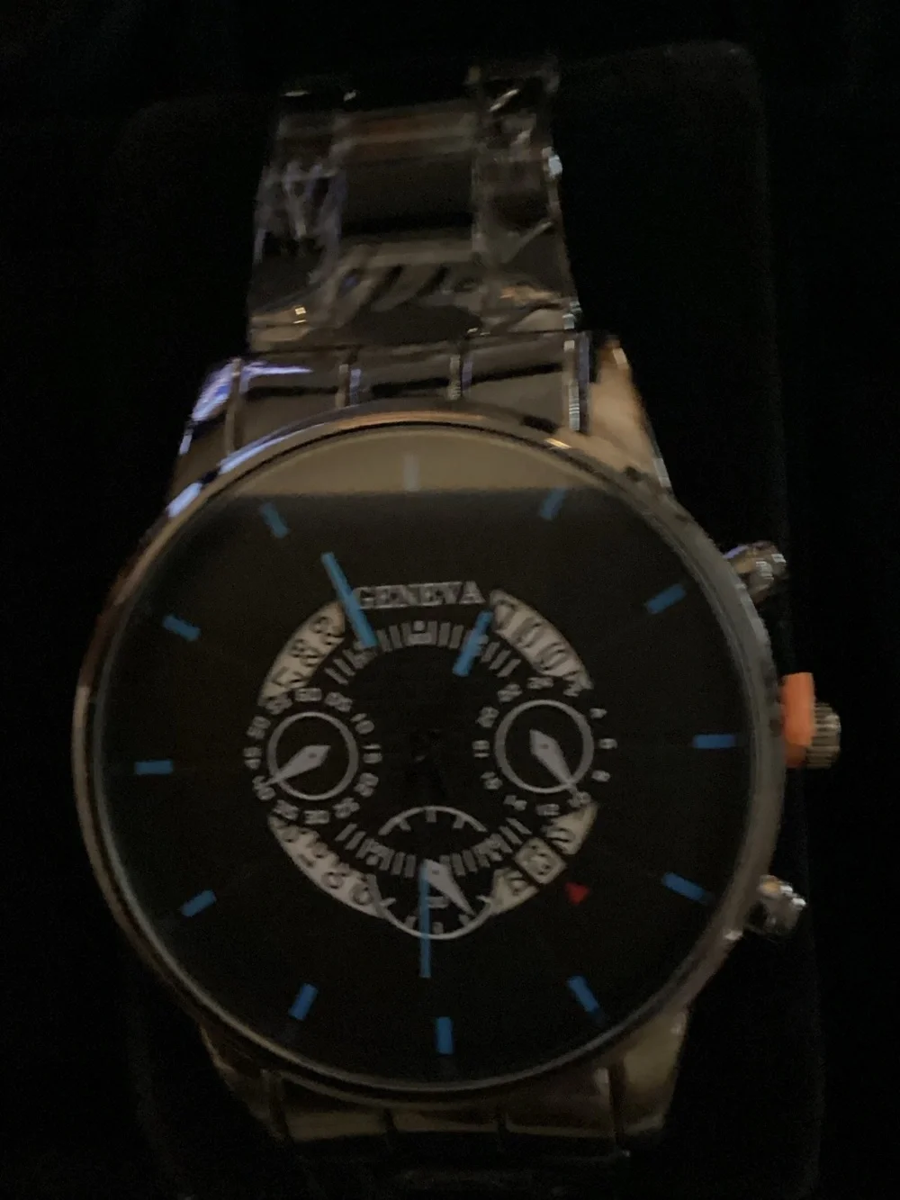 Geneva Black Dial Watch with Blue Accents and Silver Bracelet